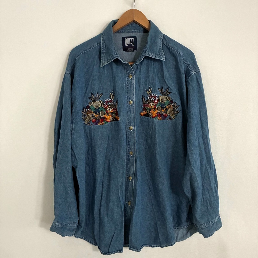Vtg Quizz Shirt Womens Size 22 Chambray Denim Embroidered Farm Fall Bear Boho